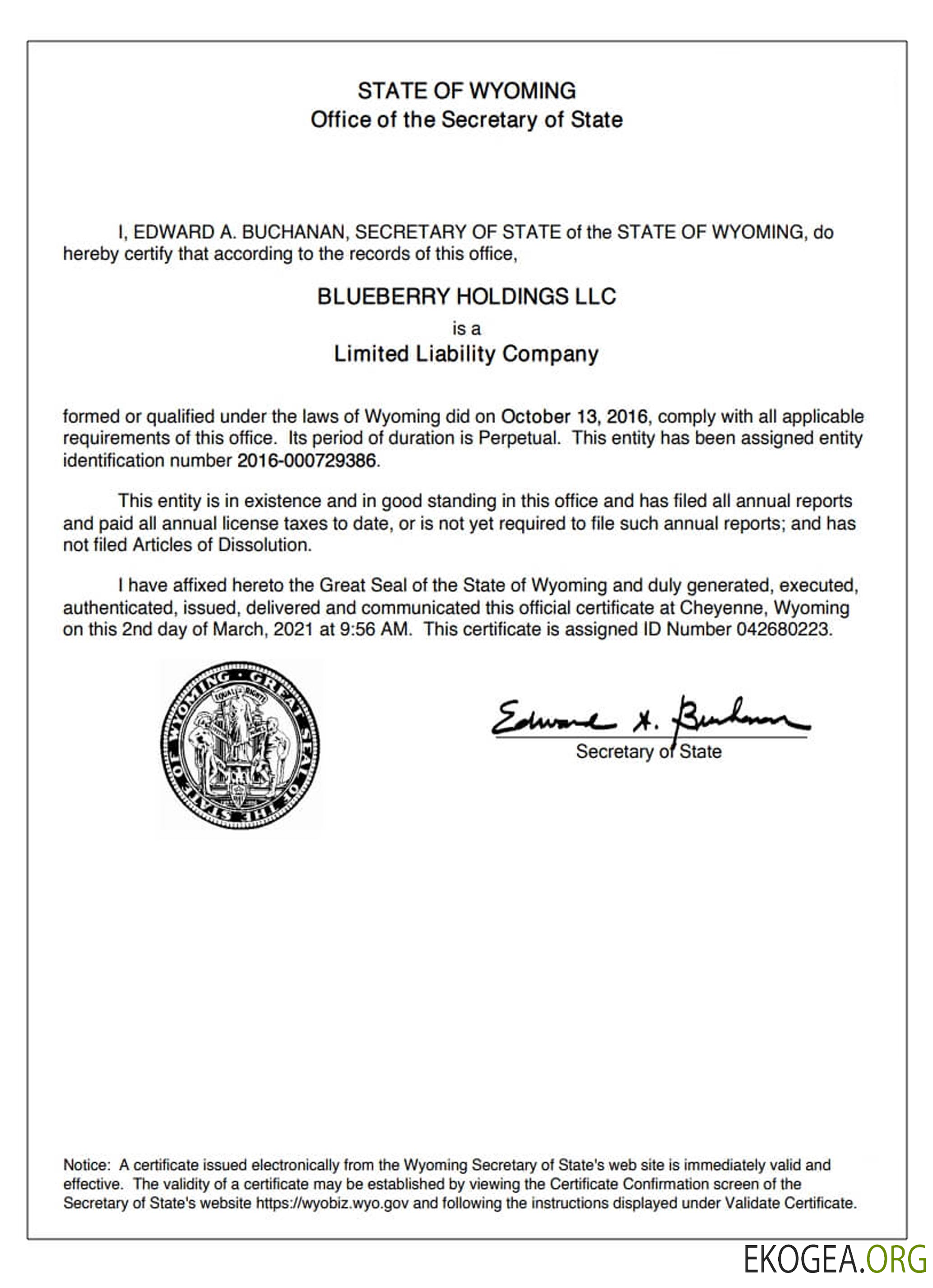 Certificat de bonne réputation du Wyoming aux États Unis